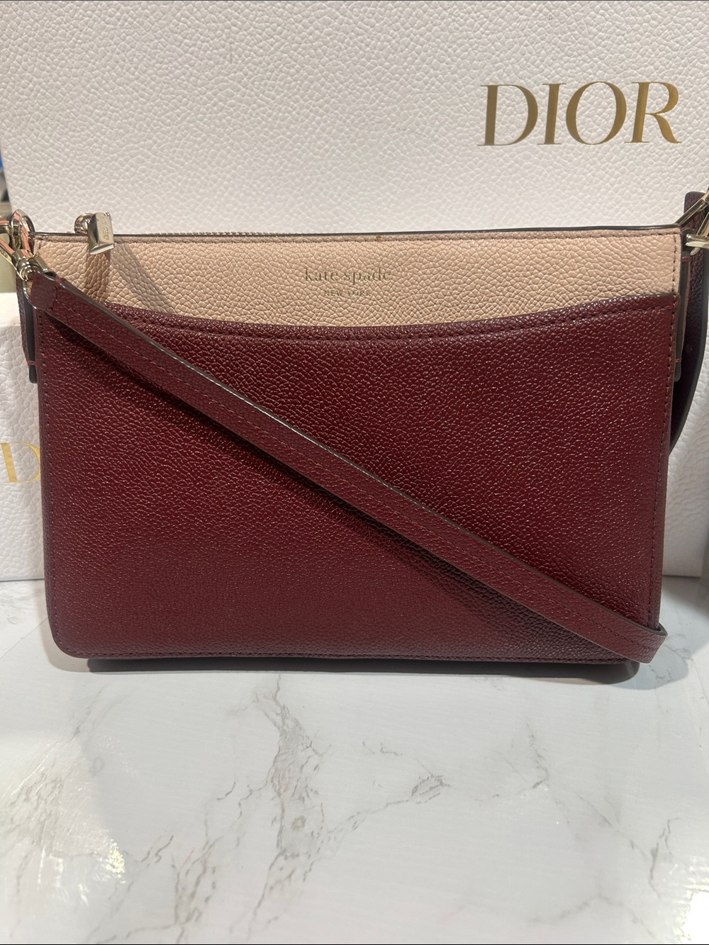 Kate Spade Cameron top-zip Two-Tone Wine and Beige Pebbled Leather Crossbody